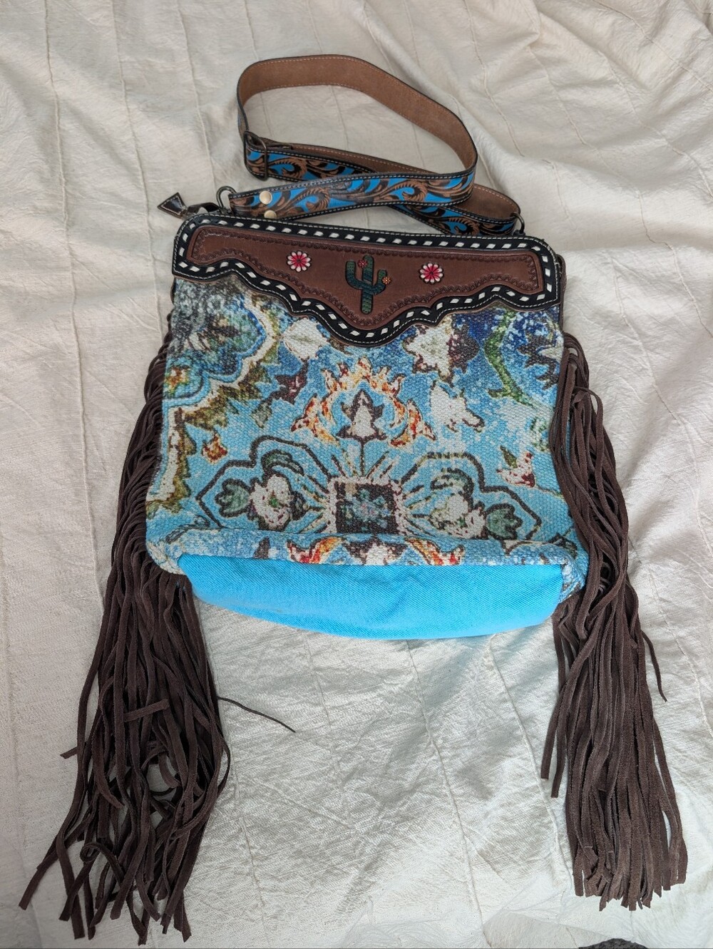 Myra Bag Turquoise and Brown Embroidered Fringe Crossbody